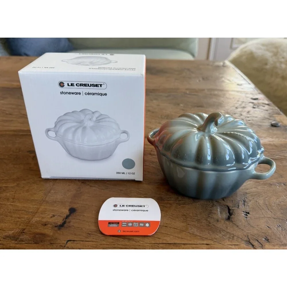 Le Creuset Stoneware Figural Pumpkin Mini Cocotte 12 oz Sea Salt Green NEW NIB